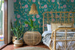 Load image into Gallery viewer, Victorian Chinoiseries floral peel and stick wallpaper in bedroom with bed and table and lamp