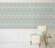 Load image into Gallery viewer, Blue and yellow antique vintage damask peel and stick wallpaper