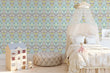 Load image into Gallery viewer, Blue and yellow antique vintage damask peel and stick wallpaper