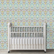 Load image into Gallery viewer, Blue and yellow antique vintage damask peel and stick wallpaper