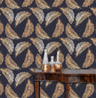 Load image into Gallery viewer, Boho black and gold leaves dark wallpaper