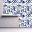 Load image into Gallery viewer, Blue English antique toile fabric blend peel and stick wallpaper