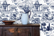 Load image into Gallery viewer, Blue English antique toile fabric blend peel and stick wallpaper