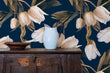 Load image into Gallery viewer, Pink and blue Victorian dark floral fabric peel and stick wallpaper
