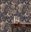 Load image into Gallery viewer, Victorian antique dark floral blue and gold peel and stick wallpaper