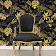 Load image into Gallery viewer, Black and gold Mid-century modern palm leaves tropical wallpaper