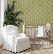 Load image into Gallery viewer, Antique Victorian green damask peel and stick wallpaper