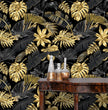 Load image into Gallery viewer, Black and gold Mid-century modern palm leaves tropical wallpaper