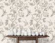 Load image into Gallery viewer, Antique floral botanical bird grey peel and stick wallpaper
