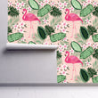 Load image into Gallery viewer, Tropical palm leaves and flamingo fabric peel and stick wallpaper
