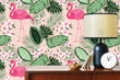 Load image into Gallery viewer, Tropical palm leaves and flamingo fabric peel and stick wallpaper