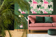 Load image into Gallery viewer, Tropical palm leaves and flamingo fabric peel and stick wallpaper