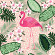 Load image into Gallery viewer, Tropical palm leaves and flamingo fabric peel and stick wallpaper