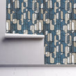 Load image into Gallery viewer, Blue and silver Art Deco fabric peel and stick wallpaper