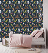 Load image into Gallery viewer, Blue zoo animals on bicycles kids room fabric peel and stick wallpaper