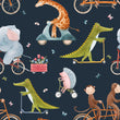 Load image into Gallery viewer, Blue zoo animals on bicycles kids room fabric peel and stick wallpaper
