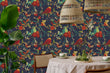 Load image into Gallery viewer, Blue and red botanical bird fabric peel and stick wallpaper