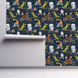 Load image into Gallery viewer, Blue zoo animals on bicycles kids room fabric peel and stick wallpaper