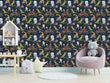 Load image into Gallery viewer, Blue zoo animals on bicycles kids room fabric peel and stick wallpaper
