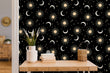 Load image into Gallery viewer, Black and mauve sun and stars celestial fabric peel and stick wallpaper