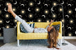 Load image into Gallery viewer, Black and mauve sun and stars celestial fabric peel and stick wallpaper