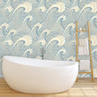 Load image into Gallery viewer, Ocean waves blue nautical fabric peel and stick wallpaper