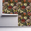 Load image into Gallery viewer, Green and burgundy botanical floral fabric peel and stick wallpaper