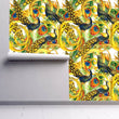 Load image into Gallery viewer, Antique baroque gold and blue peacock fabric peel and stick wallpaper