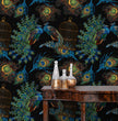Load image into Gallery viewer, Black and blue peacock celestial mystical fabric peel and stick wallpaper