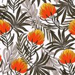 Load image into Gallery viewer, Orange floral topical palm fabric peel and stick wallpaper