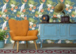 Load image into Gallery viewer, Blue and pink tropical palm parrot fabric peel and stick wallpaper