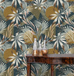 Load image into Gallery viewer, Blue and brown vintage tropical palm fabric peel and stick wallpaper