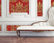 Load image into Gallery viewer, Red and gold antique Victorian damask fabric peel and stick wallpaper