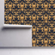 Load image into Gallery viewer, Blue and gold ornate damask antique Victorian fabric peel and stick wallpaper