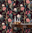 Load image into Gallery viewer, Dark floral botanical Victorian Chinoiserie fabric peel and stick wallpaper