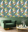 Load image into Gallery viewer, Blue and pink tropical palm parrot fabric peel and stick wallpaper