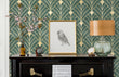 Load image into Gallery viewer, Antique Art Deco green and gold fabric peel and stick wallpaper with black piano in front