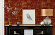 Load image into Gallery viewer, Red and gold Victorian botanical bird fabric peel and stick wallpaper