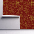 Load image into Gallery viewer, Red and gold Victorian botanical bird fabric peel and stick wallpaper
