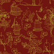 Load image into Gallery viewer, Red and gold Victorian botanical bird fabric peel and stick wallpaper