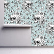 Load image into Gallery viewer, Blue skull and butterfly botanical gothic fabric peel and stick wallpaper