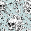 Load image into Gallery viewer, Blue skull and butterfly botanical gothic fabric peel and stick wallpaper