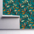 Load image into Gallery viewer, Blue tropical coastal botanical fabric peel and stick wallpaper