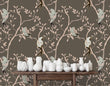 Load image into Gallery viewer, Grey Asian Chinoiserie bird botanical fabric peel and stick wallpaper with table with white dishes