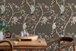 Load image into Gallery viewer, Grey Asian Chinoiserie bird botanical fabric peel and stick wallpaper with dining table