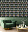 Load image into Gallery viewer, Victorian antique dark floral fabric peel and stick wallpaper with green velvet chair and coffee table