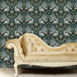 Load image into Gallery viewer, Antique Art Nouveau black and blue bird fabric peel and stick wallpaper with gold sofa