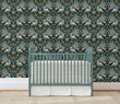 Load image into Gallery viewer, Antique Art Nouveau black and blue bird fabric peel and stick wallpaper in nursery with crib