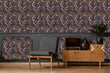 Load image into Gallery viewer, Dark moody tropical leaves fabric peel and stick wallpaper in room with chair and vintage record player