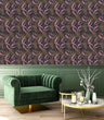 Load image into Gallery viewer, Dark moody tropical leaves fabric peel and stick wallpaper with green velvet chair and table